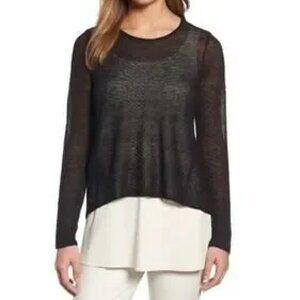 EILEEN FISHER Black Sheer Woven Hemp Sweater Long Sleeve Large